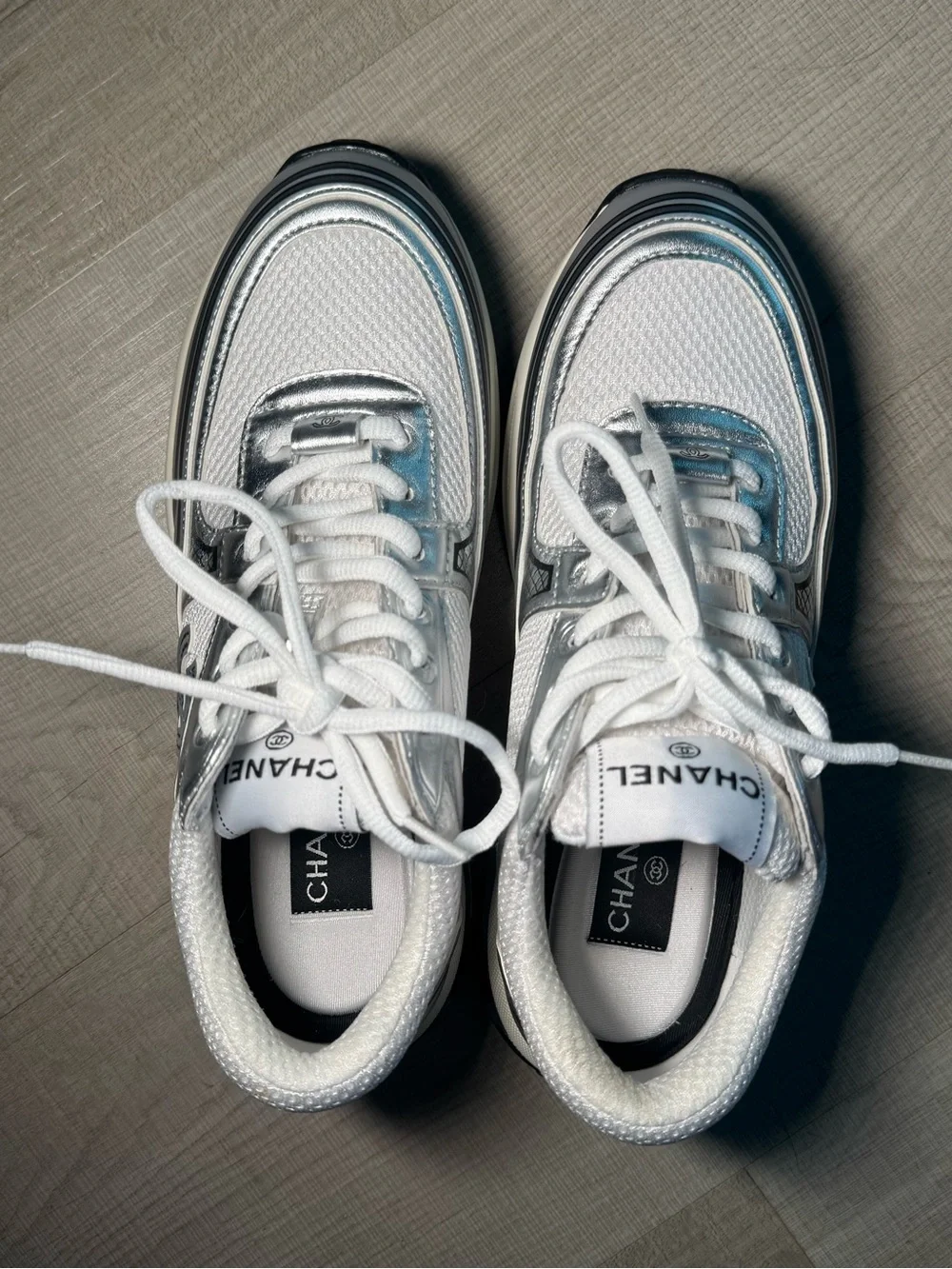 CHANEL Metallic Blue and White CC Logo Racing Sneakers